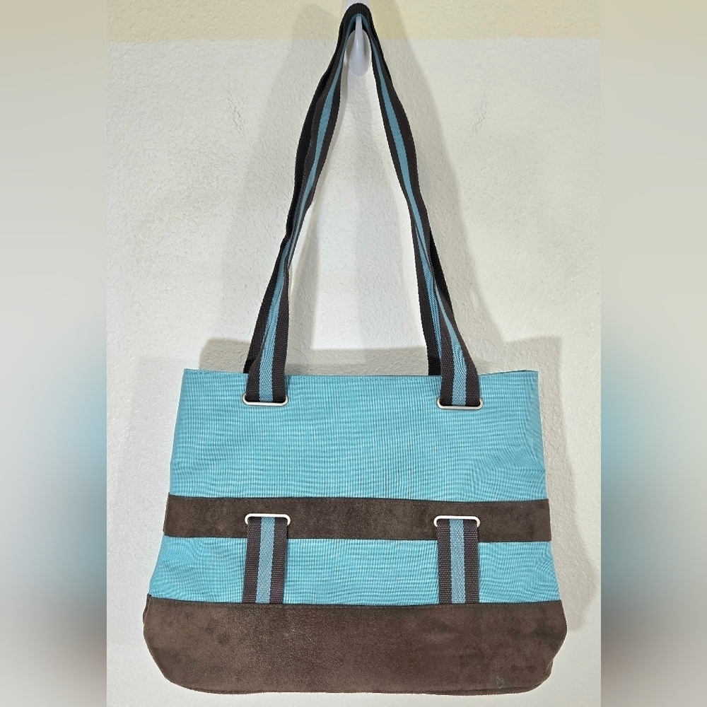 Soren Turquoise Canvas & Brown Suede Tote Shoulder Bag Travel Beach Versatile